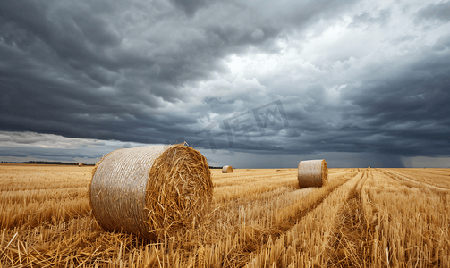 收获的麦田上阴云密布的风暴天空下的干草捆