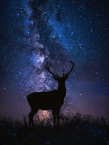 月亮卡通图片摄影照片_夜晚鹿剪影在银河背景下的美丽背景图片