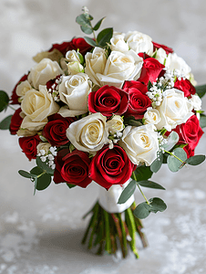 夏季红色和白色玫瑰的明亮婚礼花束