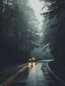 雨天自然摄影照片_汽车在黑暗和有雾的森林道路上行驶