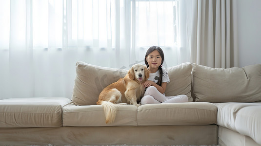 小女孩和她的狗坐在浅色沙发高清摄影图