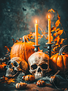 骷髅恶魔恐怖摄影照片_万圣节南瓜与烛光和头骨在黑暗的背景复古色调