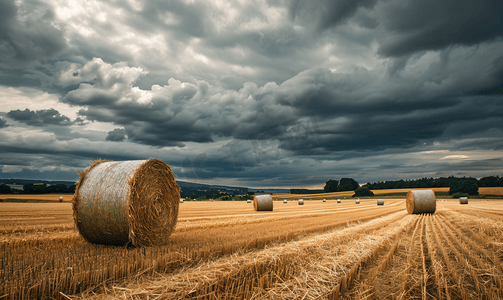 农村经济摄影照片_收获的麦田上阴云密布的风暴天空下的干草捆