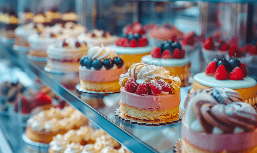小甜点背景摄影照片_糕点店橱窗展示各种迷你甜点和蛋糕的选择性焦点