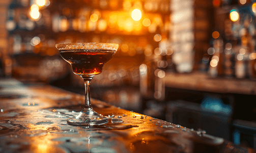 酒吧桌上青铜玻璃杯中加有熔融糖的酒精鸡尾酒