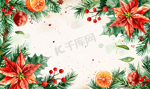标题小标题摄影照片_圣诞水彩画框配有松树、一品红、橙子和冬季香料