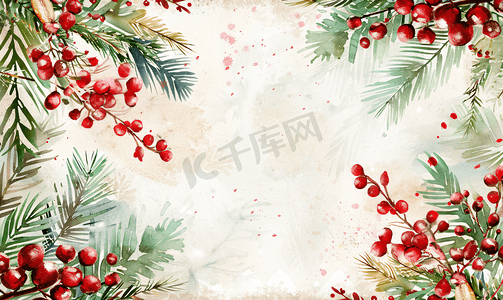 红色边框边框摄影照片_圣诞水彩边框与啤酒和红色浆果