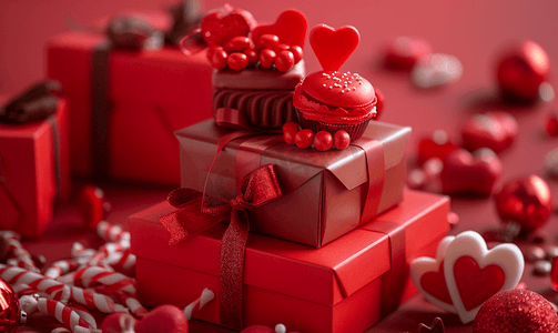 红色礼品盒与心形蛋糕糖果纪念品店小生意
