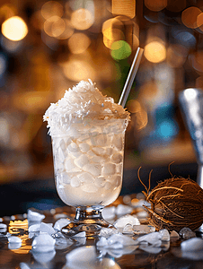 酒吧桌上的银色玻璃杯中盛有冰块和椰子的酒精鸡尾酒