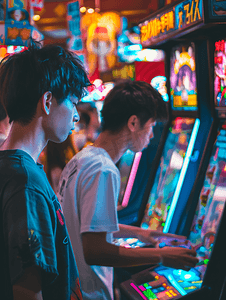 两个亚洲人在射击模拟器游戏街机上竞争