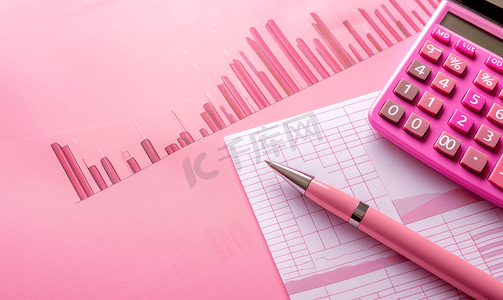 股权释放符号粉色纸张和笔计算器和图表