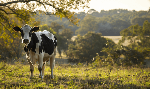 幼树背景上田野上的黑白奶牛