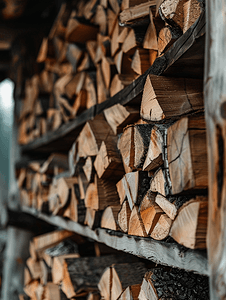 原木墙背景上的木柴堆户外木堆储藏室