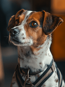 宠物家摄影照片_戴着挽具的狗看着福福德的肖像