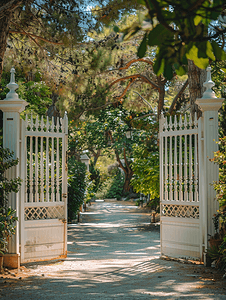 门、木门摄影照片_土耳其热带公园度假村的白色木门和树木