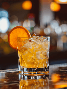 酒吧桌上银杯中加冰和橙子的酒精鸡尾酒