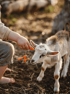 孩子在农场用切碎的胡萝卜喂小山羊