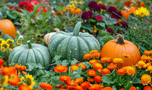 秋收背景摄影照片_色彩缤纷的花坛秋收中的橙色和绿色南瓜