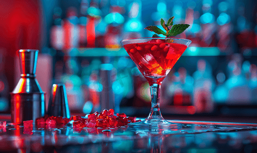 酒吧桌和调酒器上放有薄荷的红色酒精鸡尾酒