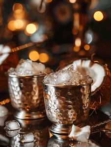 酒吧桌上的银色玻璃杯中盛有冰块和椰子的酒精鸡尾酒