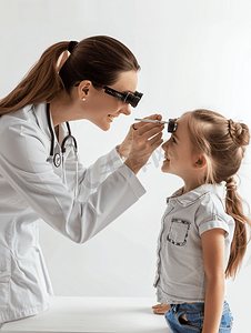 女医生给小女孩检查视力