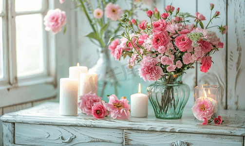 绿色花瓶里美丽的粉红色花朵和白色木制马桶上的蜡烛