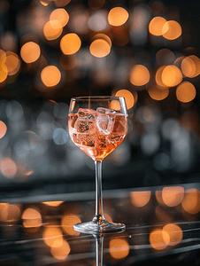 酒吧桌上玻璃杯中的玫瑰酒精鸡尾酒