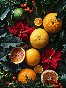 圣诞花环摄影照片_圣诞花卉顶部小插图配有橙子、一品红和冬季树枝