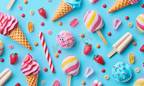 草莓卡通水果摄影照片_彩色无缝图案配有冰淇淋和条纹糖果棒