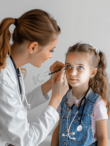 女医生给小女孩检查视力问题