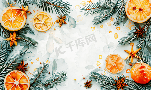 标题小标题摄影照片_圣诞水彩画框配有松树、一品红、橙子和冬季香料