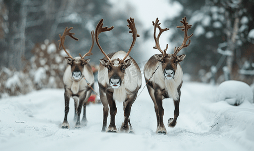 三只驯鹿在冬季森林里滑雪橇