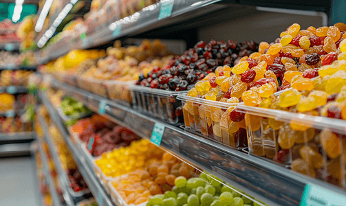 水果货架摄影照片_超市或杂货店货架上的葡萄干和蜜饯