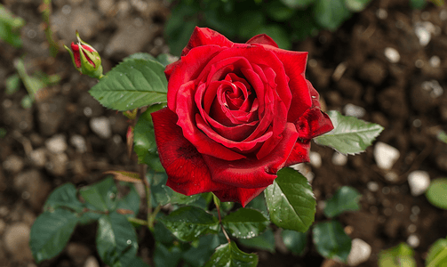 花园里明亮绽放的单朵红玫瑰的顶视图