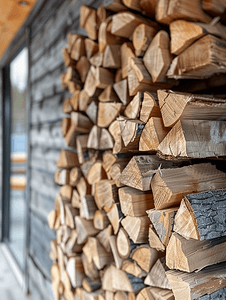 原木墙背景上的木柴堆户外木堆储藏室