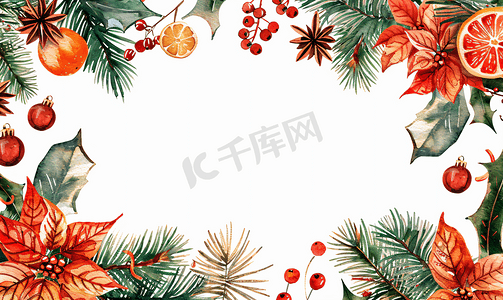 圣诞花环摄影照片_圣诞水彩画框配有松树、一品红、橙子和冬季香料