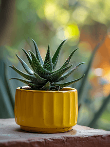 黄色陶瓷盆室内植物家庭园艺软焦点芦荟植物