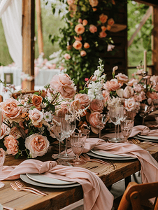 装饰标签摄影照片_用鲜花和粉色餐巾装饰的餐桌