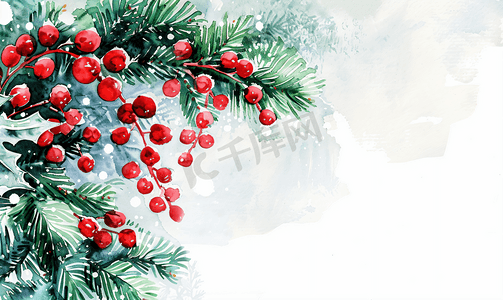 红色边框边框摄影照片_圣诞水彩边框与啤酒和红色浆果