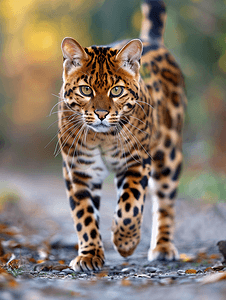 像豹子一样的孟加拉猫偷偷地在户外行走