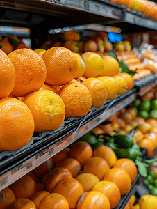 超市或杂货店货架上色彩缤纷的闪亮新鲜水果橙子