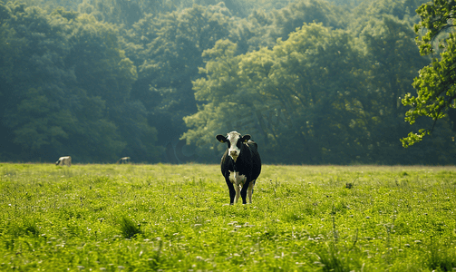 黑白背景摄影照片_幼树背景上田野上的黑白奶牛
