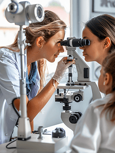 女性医生检查儿童视力
