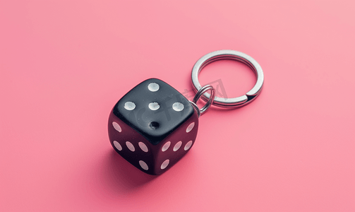 粉红色背景钥匙链上黑色骰子的顶视图最小平躺概念