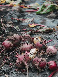 根土壤摄影照片_地面甜菜根和洋葱的新鲜收获清洁和肮脏的蔬菜块茎
