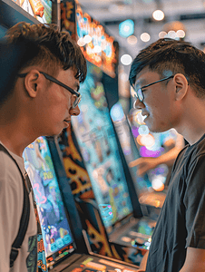 两个亚洲人在射击模拟器游戏街机上竞争