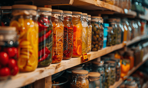 超市或杂货店货架上有桥墩的自制罐子用爱制作
