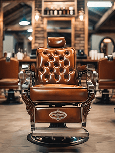 时尚理发店的棕色复古皮椅