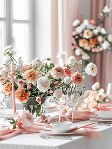 装饰标签摄影照片_用鲜花和粉色餐巾装饰的餐桌