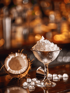 水果栏摄影照片_酒吧桌上的银色玻璃杯中盛有冰块和椰子的酒精鸡尾酒
